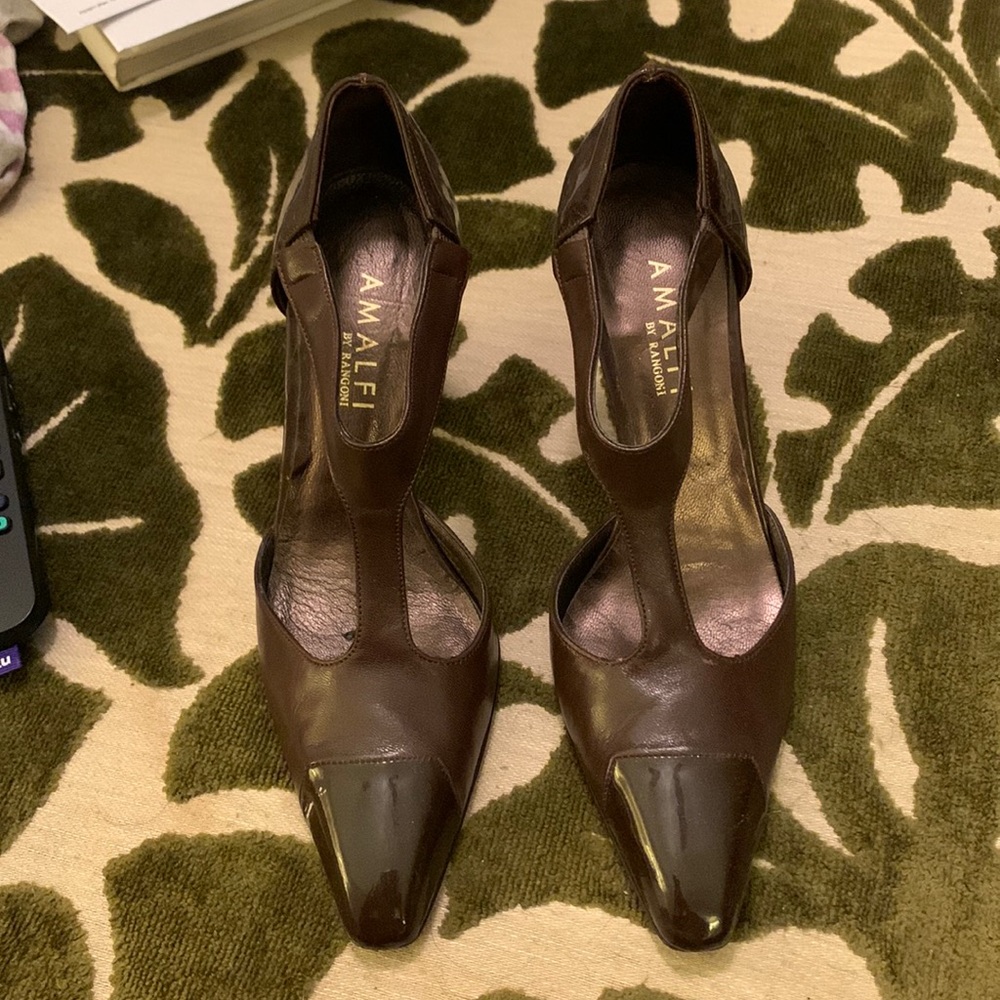 Classic Amalfi T-Strap Pumps. Chocolate Brown. Brown Patent Toe, Heels. Size 5